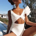 White Ruffle Elegance One-Shoulder Swimsuit - S